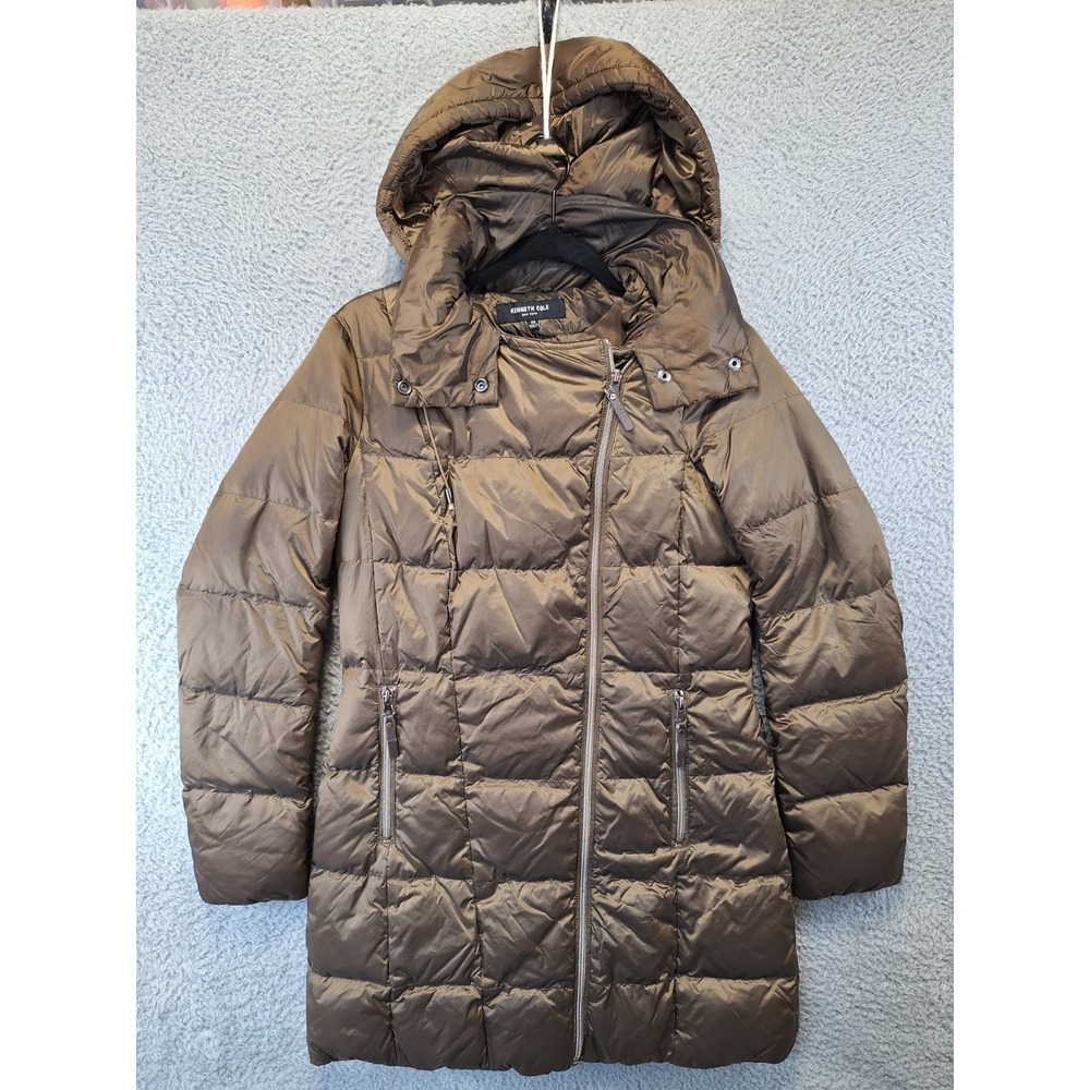 Kenneth Cole Puffer Jacket Womens XS Brown Hooded Asymmetrical Zip Outerwear